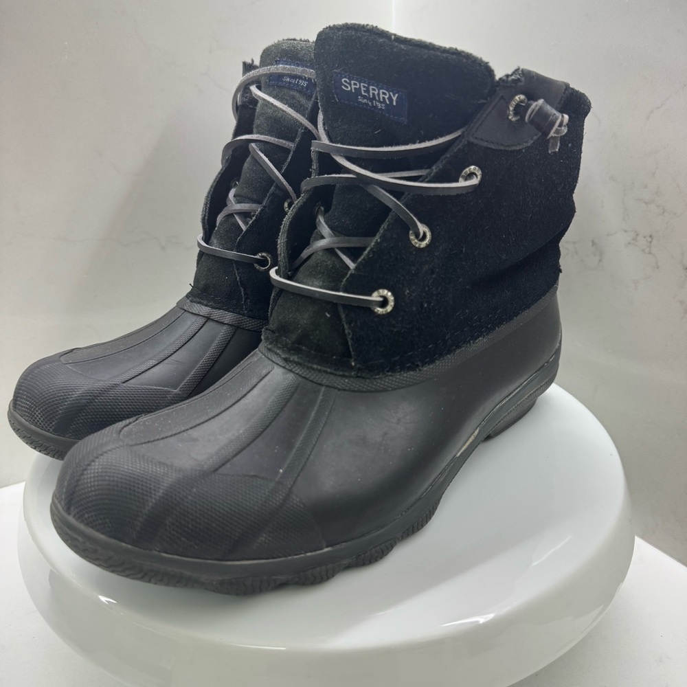 Sperry Women’s Saltwater Duck Boots – Black Suede & Rubber – Size 8.5